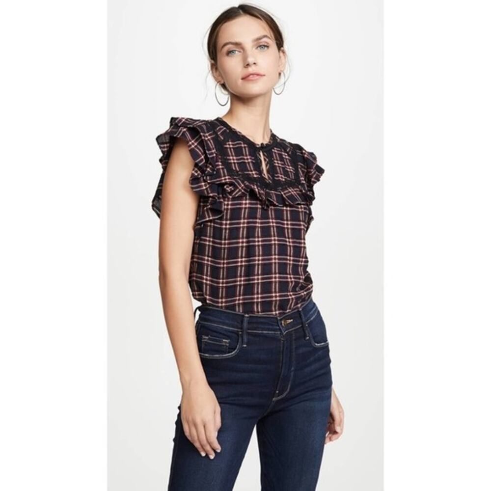 Veronica Beard Hawn Plaid Ruffle Sleeve Blouse – Red, Navy & Metallic – Size 00